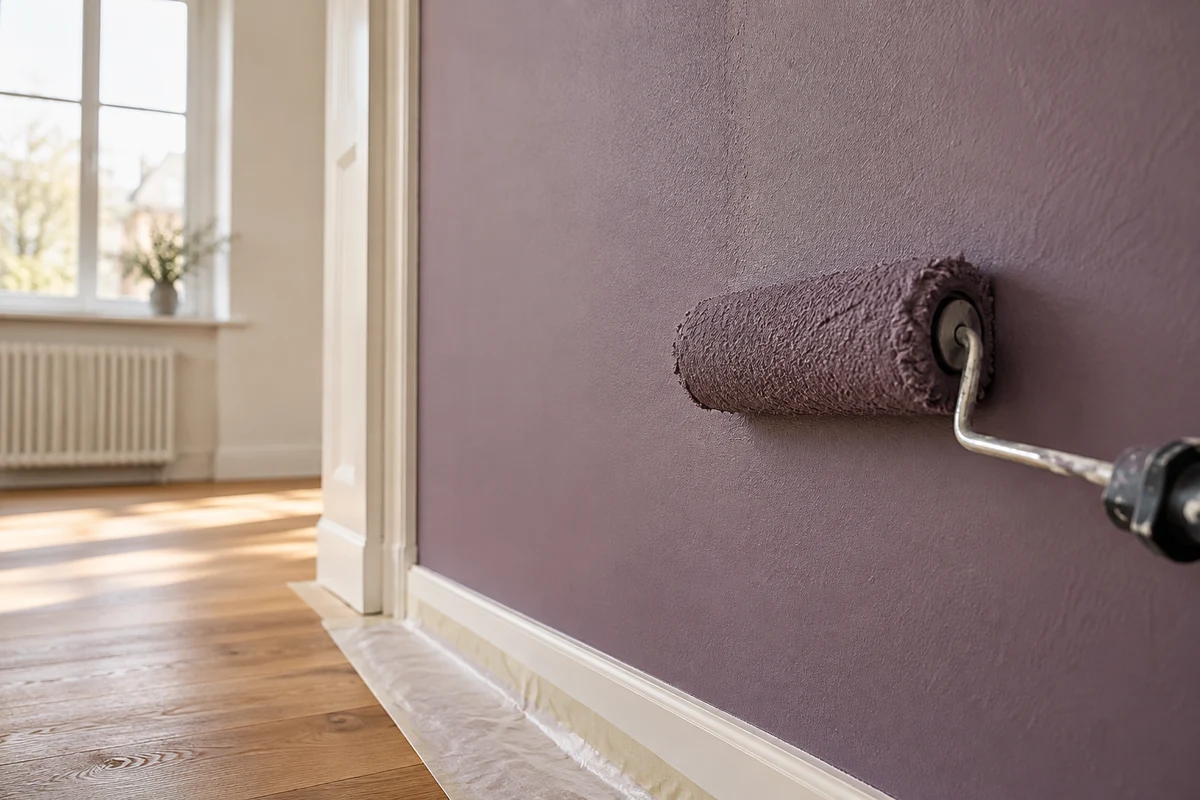 Farbrolle an einer violetten Innenwand – illustrative Malerarbeiten